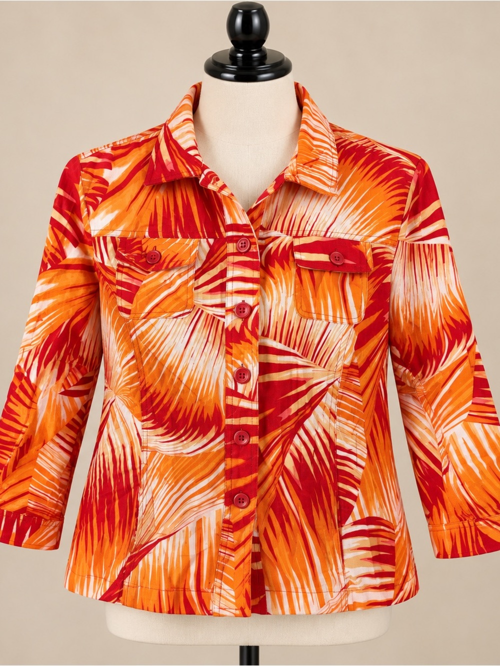 Tropical Palm Print Linen Blend Jacket Women’s XL Vintage